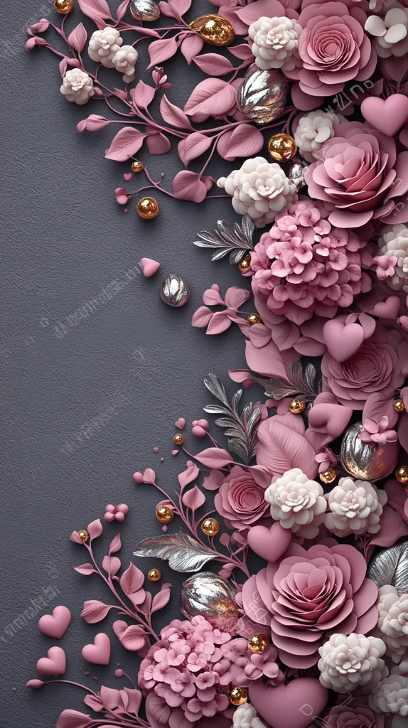 The image is a close-up of a beautiful floral arrangement featuring a variety of pink flowers, leaves, and small golden and silver orbs. The flowers are arranged in a cascading pattern, creating a sense of movement and depth. The delicate details of the flowers and leaves are highlighted by the soft lighting, creating a romantic and elegant feel. The image is perfect for a wedding or other special occasion.