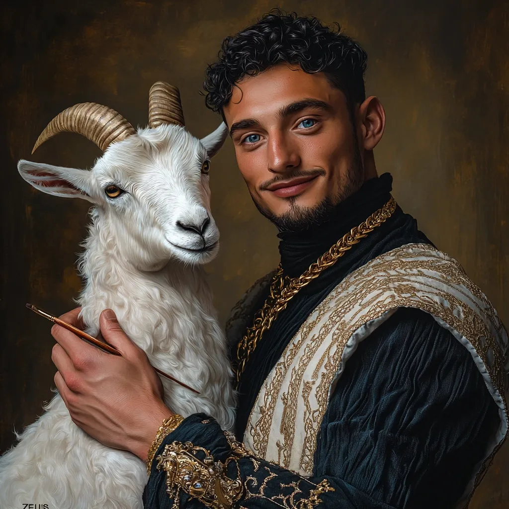 A young man with curly hair and a goatee is wearing a black and gold ornate outfit. He is holding a white goat in his arms with a gentle smile on his face. He is holding a paintbrush, possibly an artist. The background is a textured, brown wall.  The painting has a Renaissance-style feel.  The man and the goat look like they are close friends.
