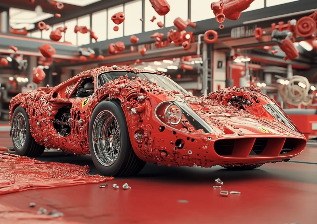 A bright red Ferrari race car, seemingly made of numerous small metal pieces, sits in an industrial setting. The car's exterior is covered in the intricate details of the metal, giving it a unique and almost organic texture. Small metal pieces are scattered around the car, hinting at a process of creation or assembly. The bright red color of the car and the surrounding environment creates a striking contrast and emphasizes the metallic nature of the car. The car's design is classic and sporty, with sleek lines and a powerful stance. The overall impression is one of both beauty and power, suggesting the car is a work of art as well as a machine.