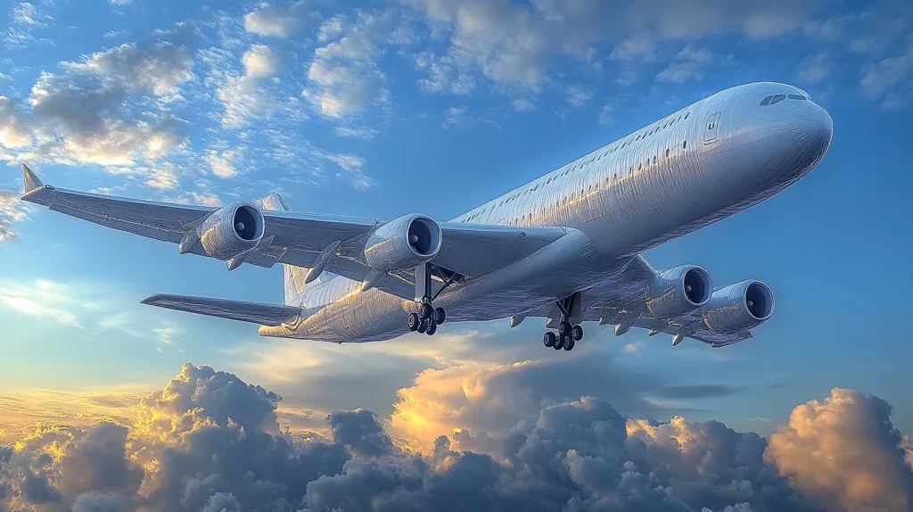 A large, white passenger plane flies through a blue sky with white and grey clouds. The plane is in mid-flight, with its landing gear down. The sun is setting in the distance, casting a warm glow on the clouds. The image evokes a sense of travel and adventure.