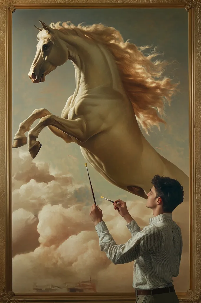 The painting depicts a white horse leaping through a cloudy sky, its mane flowing behind it. A man stands on the right side of the canvas, using brushes to add detail to the scene. The golden frame surrounding the artwork suggests a sense of artistry and reverence for the subject. The composition is dynamic, capturing the horse's movement and energy, while the man's focus on his work adds a layer of human interaction. The overall effect is one of beauty, power, and the creative process.