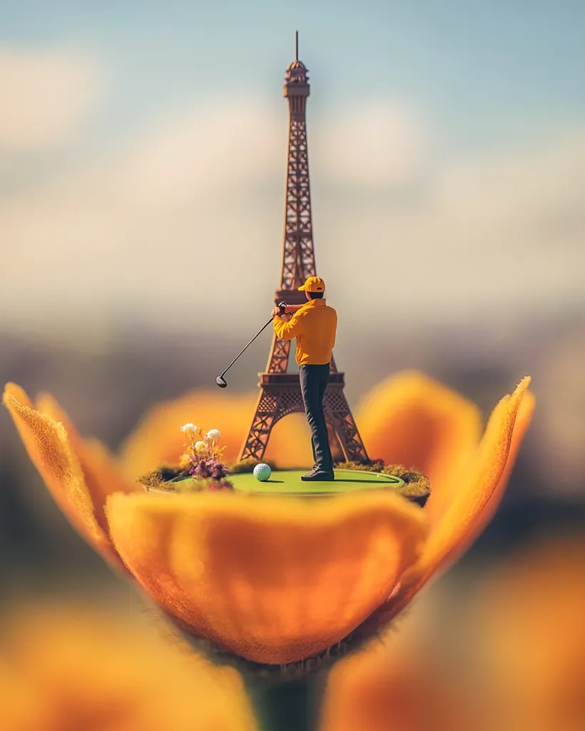 A miniature golfer swings his club in front of a miniature Eiffel Tower, all nestled in the center of a large, bright orange flower.  The scene is set against a blue sky with white clouds. The image evokes a playful and whimsical mood, suggesting a miniature world where anything is possible.