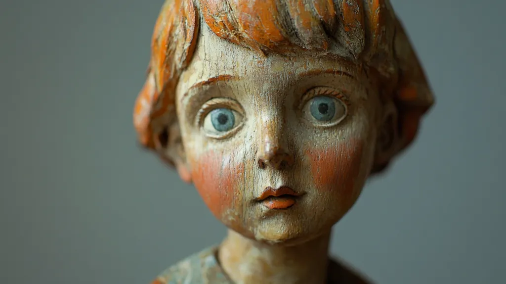 The image shows a close-up of a wooden doll's face. The doll has a painted expression with large blue eyes, rosy cheeks, and a slightly parted mouth. Its hair is a bright orange color, and its skin has a worn, aged texture. The doll's face is captured in a gentle, somewhat melancholic gaze. The image evokes a sense of nostalgia and childhood memories.