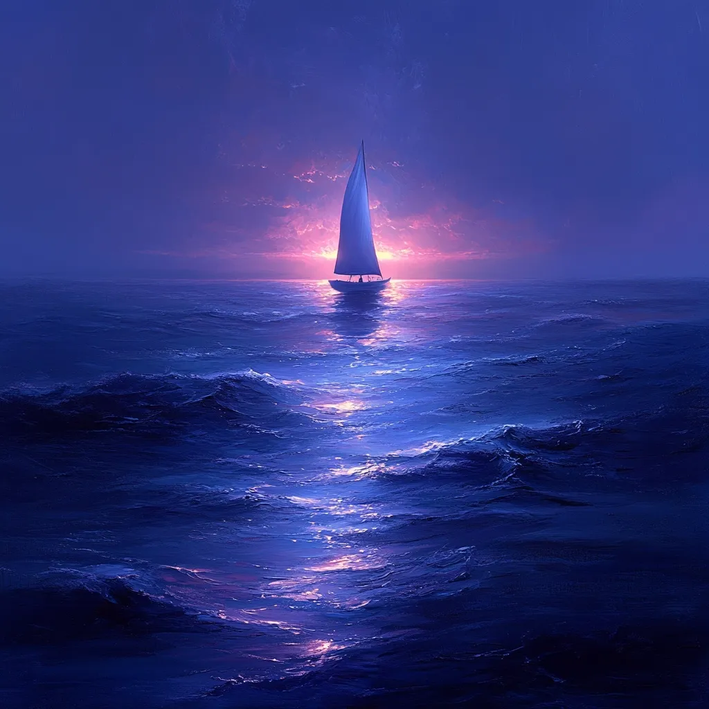 A single sailboat cuts through the calm waters of the ocean. The sky is a deep purple, with a hint of pink from the setting sun. The water is a dark blue, reflecting the colors of the sky.  A trail of light shines on the water behind the boat.  It's a serene and peaceful scene, conveying a sense of calm and solitude.