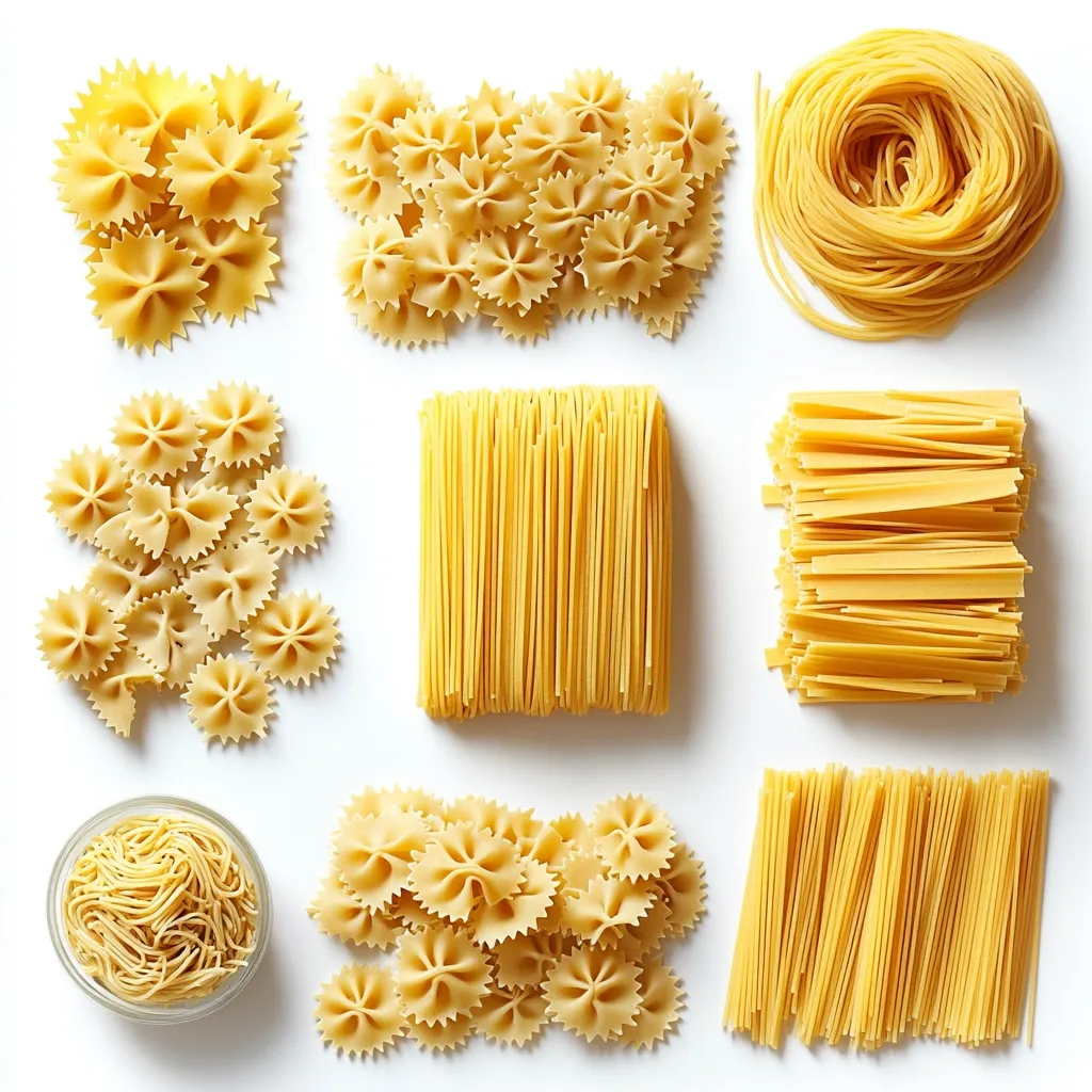 A white surface displays nine different types of pasta: bowtie, spaghetti, fettuccine, angel hair, and a few other varieties, all arranged in neat piles.  There is also a small glass bowl filled with a curly pasta, similar to the one in the upper right corner.  The pasta is all the same color, with a slight variation in shade between the types.  The image presents a collection of pasta options for a meal.