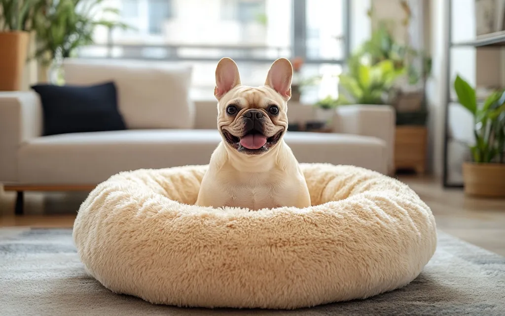A French Bulldog sits in a fluffy, donut-shaped dog bed. The dog has a happy expression, with its tongue sticking out. The bed is light brown and fluffy, and the dog is white with brown markings. The background is blurred, showing a living room with couches, plants, and shelves. The photo captures a moment of pure canine joy and comfort.