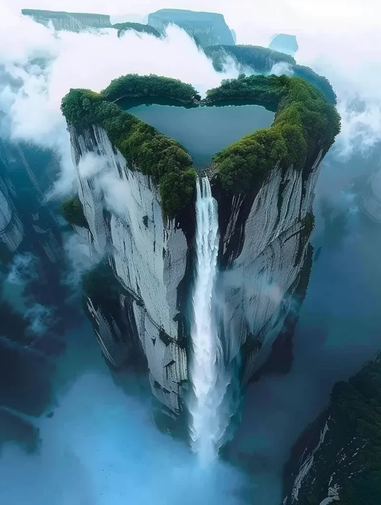 A towering, heart-shaped cliff rises from a misty valley. The cliff is covered in lush vegetation, and a large waterfall cascades from its top, creating a dramatic and beautiful scene. The waterfall plunges down towards a turquoise lake nestled within the heart of the cliff. The clouds and the surrounding landscape give the image a surreal and ethereal quality.