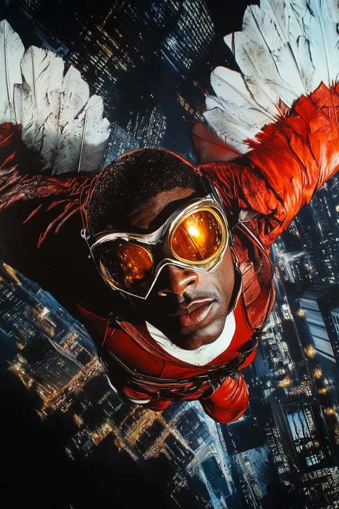 A man in a red and white superhero suit with white wings soars above a city at night. He wears a pair of golden goggles over his eyes and looks directly at the viewer. He has a serious expression on his face. The city lights below him are a blur of yellow and white.  The focus is on the man and his intense gaze.  The night sky and city are a backdrop to his heroic presence.  The image creates a sense of movement, power, and determination.