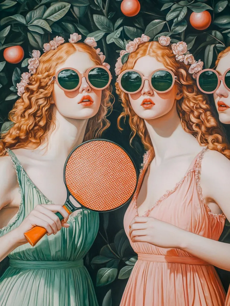 Three women with long red hair are wearing round sunglasses and flower crowns. They are all dressed in pastel-colored dresses and are standing in front of a green leafy background. The woman on the left is holding a red and black paddle.  The painting is in a classical style.