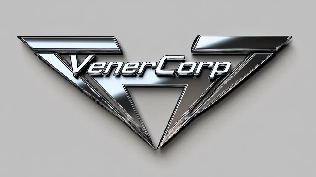 The image shows a logo for a company called "VenerCorp". The logo is a stylized "V" shape, formed by two overlapping triangles, with the company name written in a bold, sans-serif font across the top of the "V". The logo is rendered in a metallic silver, giving it a sleek and modern look. The background is a plain, light gray.  The logo is simple, yet striking, and its metallic finish creates a sense of quality and sophistication.