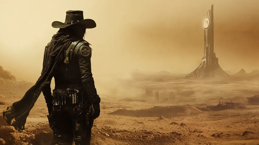 A lone cowboy, clad in black and a wide-brimmed hat, stands in a desolate, dusty landscape. He gazes towards a towering clock tower rising from the sand in the distance. The sun casts a golden glow across the scene, highlighting the rugged beauty of the desert. The image evokes a sense of isolation, adventure, and the mysteries that lie ahead.