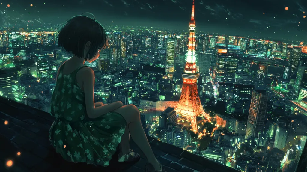 A young woman in a green dress sits on a rooftop overlooking a sprawling cityscape. The lights of the city twinkle below, casting a warm glow on the scene. In the distance, Tokyo Tower stands tall, illuminated against the night sky. The woman's hair is short and black, and she appears to be gazing out at the city below, lost in thought. The image evokes a sense of tranquility and solitude, as the woman observes the bustling city from her quiet vantage point.