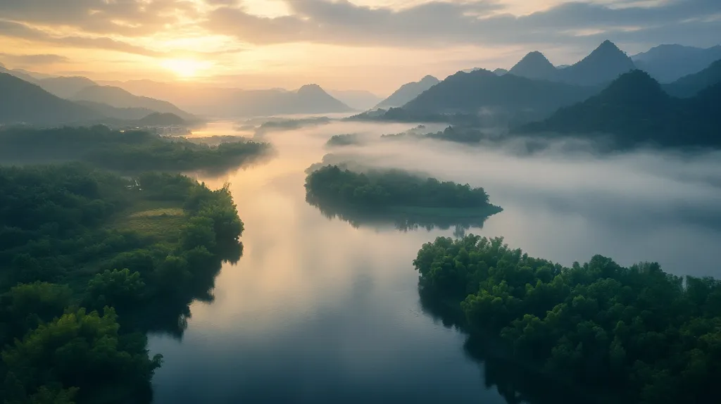 The image shows a serene landscape with a winding river flowing through lush green forests and misty mountains. The sun peeks through the clouds, casting a warm glow over the scene. The fog adds an ethereal quality, creating a sense of mystery and tranquility. The reflection of the sky and clouds on the water's surface enhances the beauty and serenity of the scene.