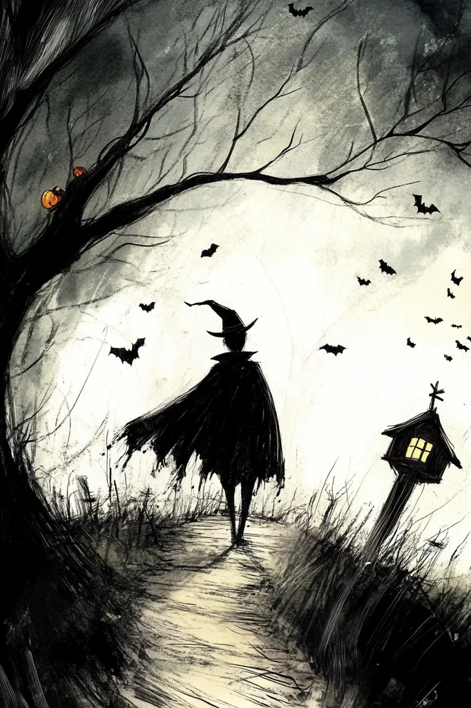 The image is a black and white drawing of a witch walking down a path towards a small building with a light in the window. The path is lined with tall grass and the sky is filled with bats. The witch is wearing a long black cloak and a pointed hat, and she is walking towards the building with a sense of purpose. The image is dark and atmospheric, with a sense of mystery and intrigue. The image creates a sense of unease, as though something sinister is about to happen.