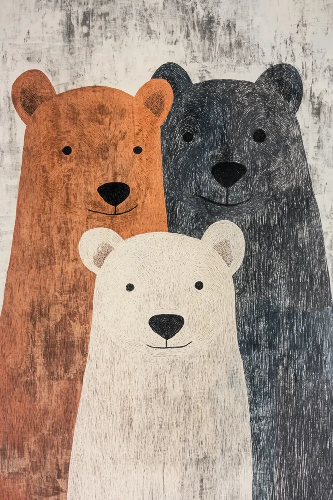The image depicts three stylized animal figures against a textured, off-white background. A brown bear stands on the left, a black bear on the right, and a polar bear in the middle. All three animals have simple, rounded features, large eyes, and small, black noses. Their fur is rendered with lines that suggest a brushstroke style. The overall impression is whimsical and childlike.