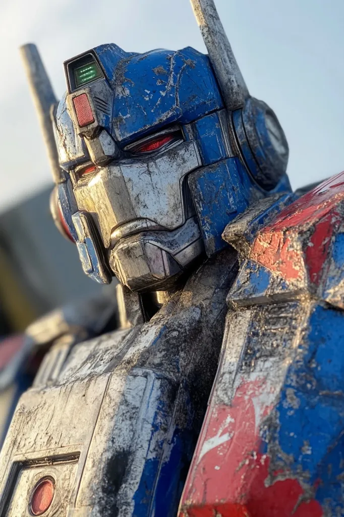 A close-up view of a robot's face, showcasing its intricate design and weathered exterior. The robot's face is a blend of blue, red, and silver, with a visible red eye. Its expression is stoic and serious, hinting at its strength and purpose. The weathered surface suggests a history of battles and adventures.  The robot's form appears imposing, suggesting a formidable presence.