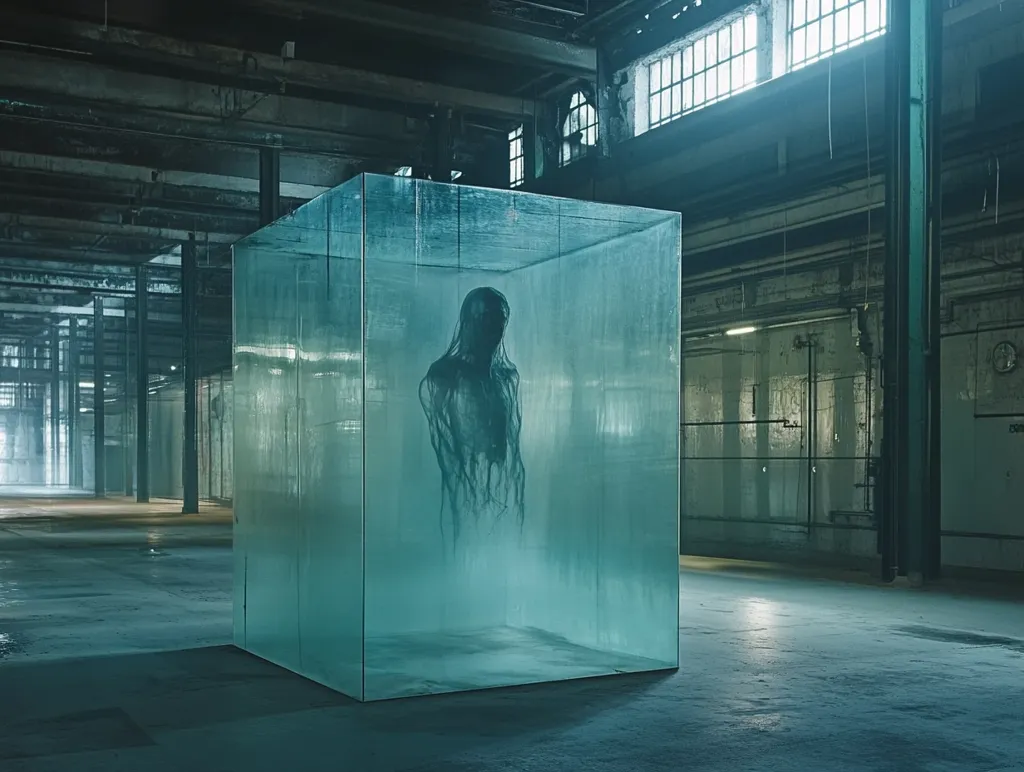 The image shows a large glass cube placed in an empty industrial space. The cube is filled with a hazy, translucent liquid, and within the liquid is a shadowy figure of a person. The figure is indistinct and ethereal, as if it is fading or dissolving. The background of the image is an empty and desolate industrial space, with concrete floors and exposed metal beams. The overall tone of the image is one of mystery and isolation. The ghostly figure trapped within the glass cube is the focal point of the image and sparks curiosity about its origins and meaning.