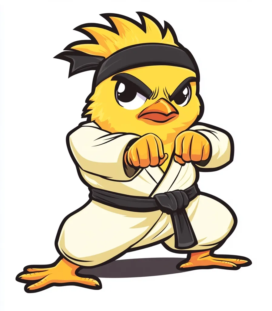 A cartoon chick is depicted in a karate stance. Dressed in a white karate uniform and a black belt, the chick has a determined expression on its face, with its fists clenched and ready to strike. The chick's yellow feathers are ruffled, adding to its dynamic appearance. The illustration is drawn in a playful and energetic style, highlighting the chick's fierce determination.