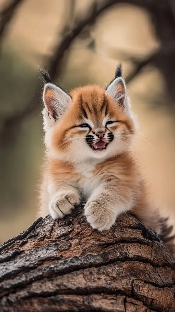 A small, fluffy kitten with large, round eyes and pointed ears sits on a rough, bark-covered branch. Its mouth is slightly open, revealing a small pink tongue. The kitten has a light brown coat with dark stripes and white markings on its chest and paws. The background is blurred, highlighting the kitten's cuteness.  The kitten's playful expression suggests it is enjoying its perch and the surrounding environment.