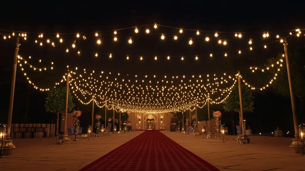 A red carpet leads to a building illuminated by strings of warm white lights hanging from poles. The lights create a magical atmosphere, casting a soft glow on the pathway and surrounding trees. The scene suggests a celebratory event, perhaps a wedding or gala. The lights create a sense of intimacy and festivity, inviting guests to a memorable occasion.