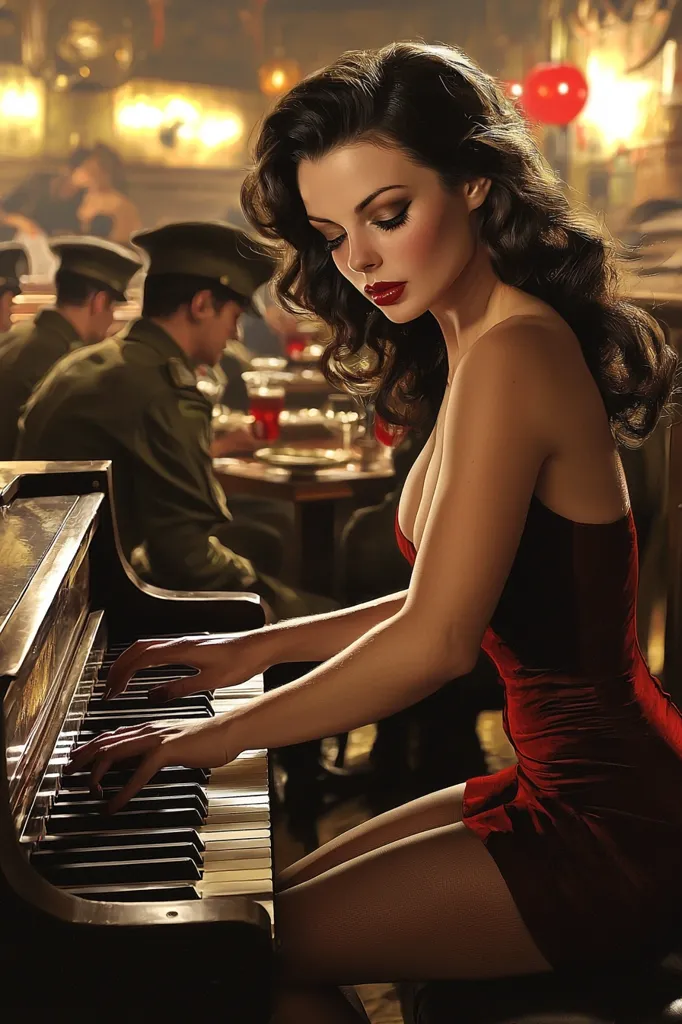 A beautiful woman with long dark hair and red lipstick sits at a grand piano, playing the keys. She wears a revealing red dress and is illuminated by warm light. Two men in military uniforms are seated at a table in the background, watching her. The scene is evocative and dramatic, suggesting a moment of both intimacy and mystery.