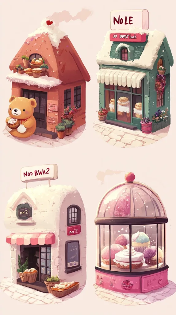 The image depicts four adorable cartoon bakeries, each with its own unique charm. One features a teddy bear holding a pastry, another has a whimsical green facade with a snow-covered roof, and a third is a white building with a red awning and potted plants. The fourth is a glass-enclosed bakery filled with colorful cupcakes. They all have signs with quirky names like "Nod Bwa2" and "No Le Ad Bway Luck." The image is set against a soft pink background, creating a sweet and inviting atmosphere.