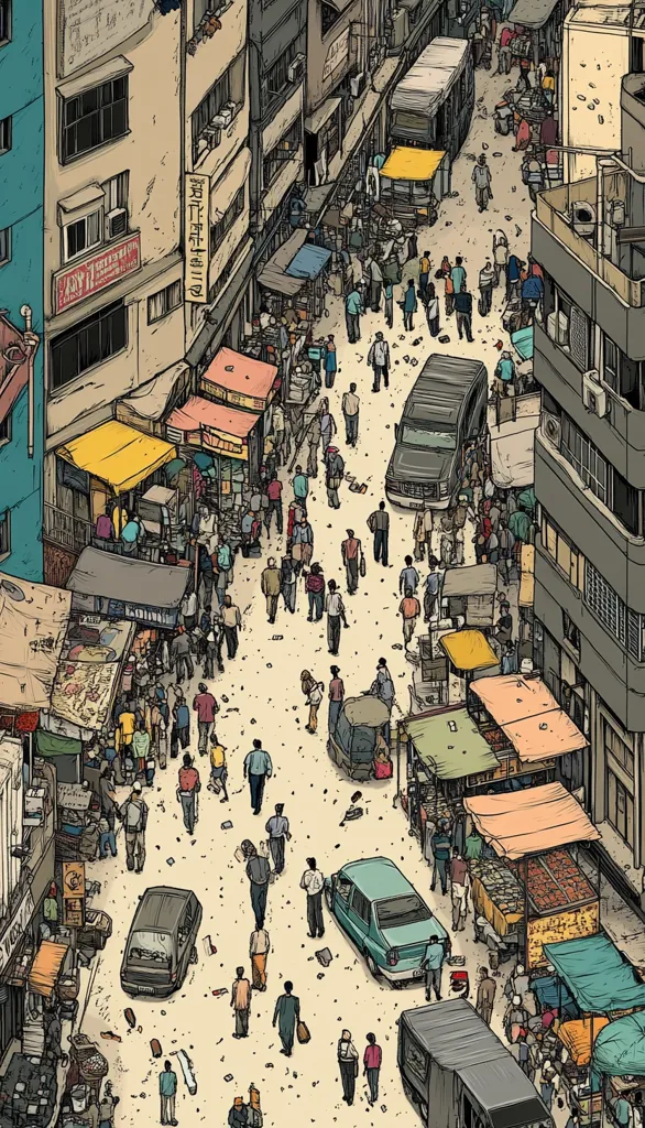 The image depicts a bustling street market in a densely populated urban area. Stalls overflow with goods, shoppers navigate the crowds, and cars weave through the narrow street. Buildings line the street, their facades adorned with signage and advertisements. The scene is full of life and energy, showcasing the vibrant culture of a bustling city.