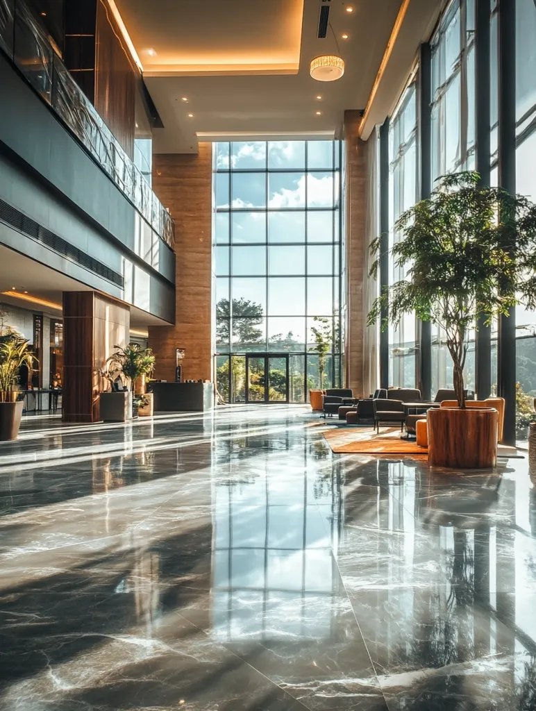 A modern, spacious lobby with a sleek, minimalist design. Sunlight streams through floor-to-ceiling windows, illuminating the polished marble floors. A single potted plant adds a touch of greenery to the otherwise clean and airy space. The high ceilings and open layout create a sense of grandeur and openness. A few modern chairs and tables are scattered throughout the space, providing areas for relaxation and contemplation. The overall atmosphere is one of luxury and serenity.
