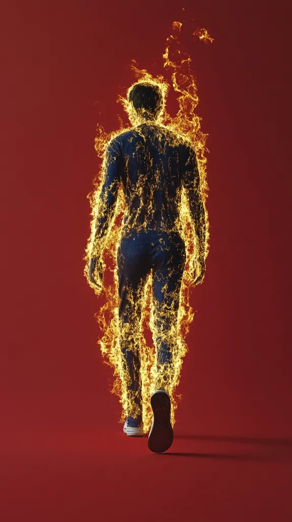 A person in jeans and a t-shirt is walking forward against a red background. They are engulfed in flames, but their expression is not visible. The flames are mostly yellow and orange, creating a striking contrast against the red background. The person is walking forward, and their left foot is raised in the air. The image is stylized and surreal.