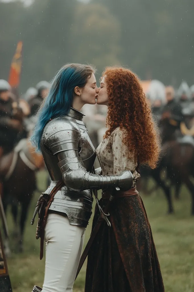 Two women, one in full plate armor with blue hair and one in a long brown dress with red hair, stand in a grassy field and kiss passionately. The woman in armor is holding a sword in one hand, while the other woman holds her waist. The background is blurred, showing other people and horses in a medieval setting. The image conveys a sense of romance and power, with the contrast between the armor and the dress emphasizing the difference in their roles.