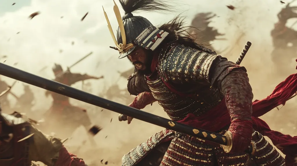 A samurai warrior in full armor charges into battle, his sword raised high.  Dust and debris fly through the air, as he fights alongside his fellow warriors.  The intensity of the moment is palpable, as the samurai’s fierce expression and the chaotic background create a sense of urgency and danger.