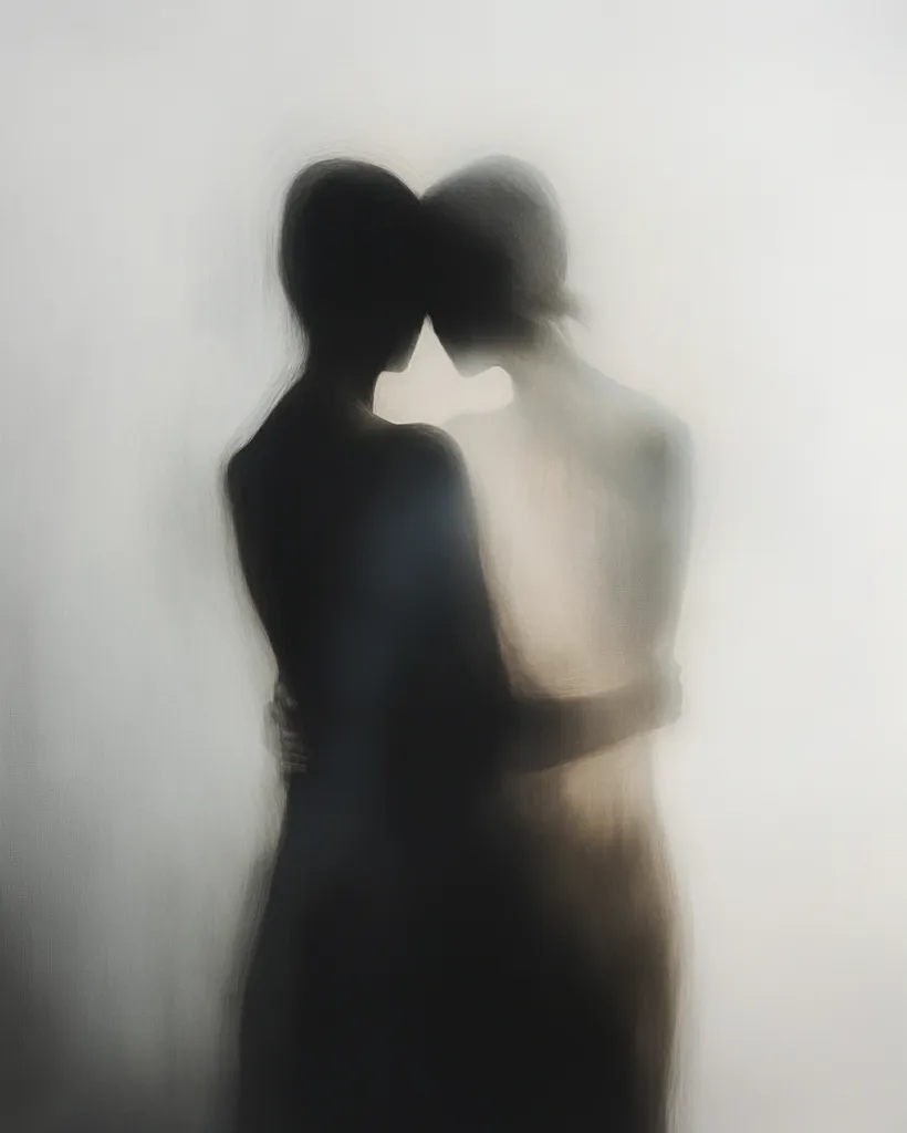The image shows two figures, likely a couple, embracing each other. They are silhouetted against a white background, and their forms are blurred, creating a sense of intimacy and mystery. The soft lighting and hazy effect add to the dreamy atmosphere. The overall feeling is one of love, closeness, and the fragility of human connection.