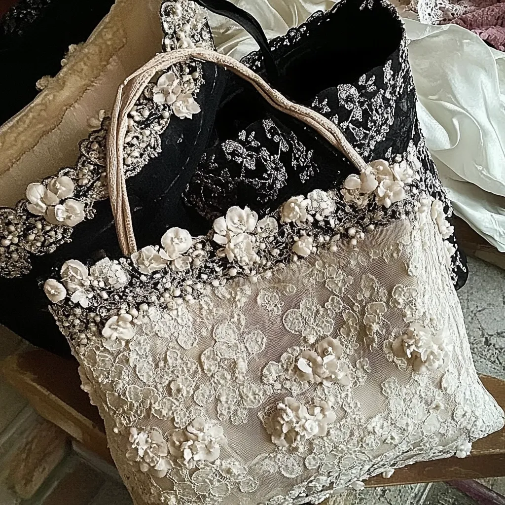 A delicate, ivory-colored handbag with intricate lacework and delicate floral embellishments. The bag has a black lace lining visible along the top edge, which adds a touch of contrast. The bag is resting on a wooden surface, and the soft fabric and delicate details suggest a feminine and elegant design.