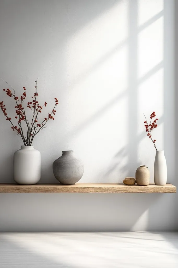 The image shows a minimalist interior with a wooden shelf against a white wall. The shelf holds a collection of ceramic vases, some with dried branches with red berries. The scene is bathed in soft, natural light that casts subtle shadows on the wall and floor. The overall aesthetic is simple, clean, and calming.