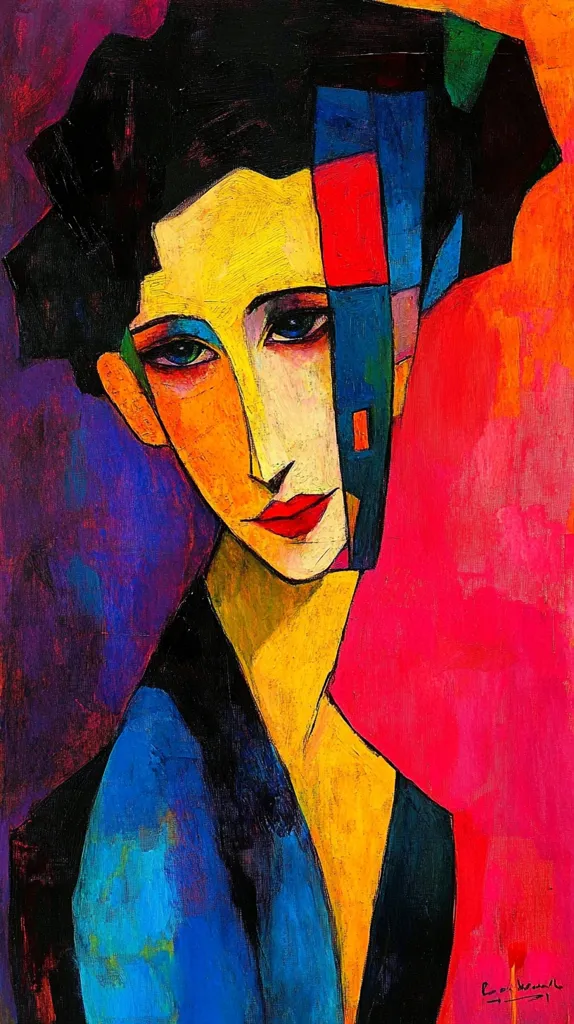 The painting depicts a woman with black hair and striking blue eyes. Her face is painted in vibrant yellow and orange tones, and her lips are a bright red. She wears a blue and black garment, and the background is a bold red. The woman's expression is intense and mysterious, and the colors used are bold and contrasting. The overall effect is one of striking beauty and emotional depth.
