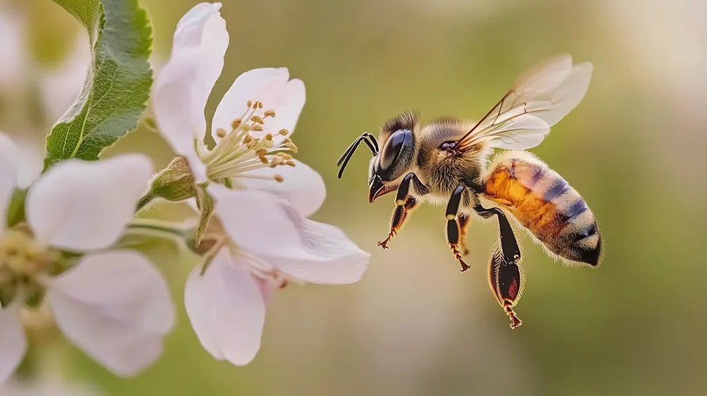 A bee with translucent wings hovers in mid-air, facing a delicate white blossom. The bee's body is a striking blend of brown, black, and yellow stripes. The background is a soft blur of green and yellow, suggesting a lush, natural setting. The image captures a moment of delicate interaction between the bee and the flower, emphasizing the beauty and interdependence of nature.
