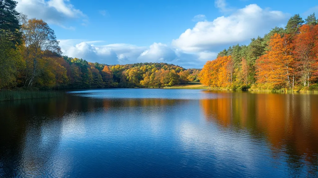 A serene lake with a deep blue surface reflects the colorful autumn foliage surrounding it. Lush green trees line the opposite bank, while the near bank is adorned with vibrant orange, yellow, and red leaves. White fluffy clouds float across the azure sky, creating a picturesque scene of nature's beauty. The lake's stillness and the vibrant hues of the trees paint a tranquil and captivating image of the changing seasons.