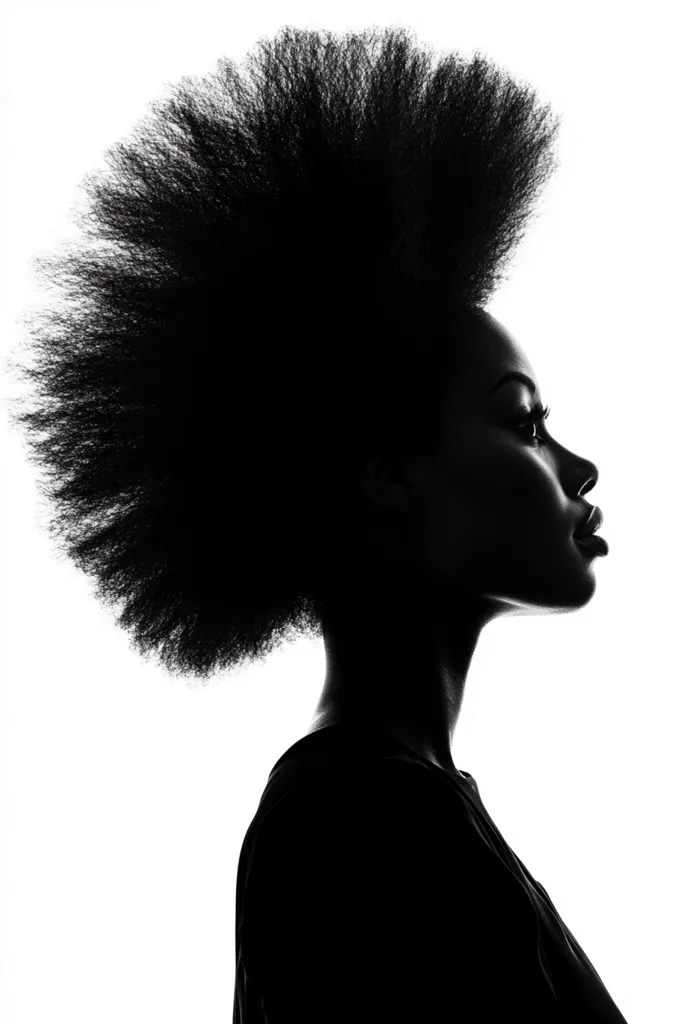 The image is a silhouette of a woman with a large afro. Her hair is thick and full, and it frames her face. She is facing to the right, and her head is tilted slightly downwards. She has a calm expression, and her lips are slightly parted. The background is white, which contrasts with her dark silhouette. The image is simple, but it is powerful in its representation of beauty and strength.