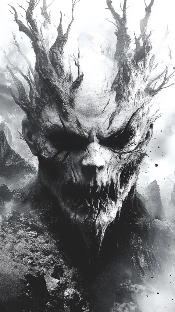 A black and white image depicting a monstrous figure, formed from gnarled branches and roots. It's face is contorted in a terrifying grimace, with sharp, jagged teeth.  The figure appears to be rising from a rocky, desolate landscape. The image has a dark and eerie atmosphere, suggesting danger and the unknown.