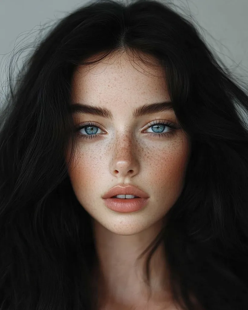 A young woman with long, dark hair,  looks directly at the camera.  Her blue eyes are framed by defined eyebrows and her face is dotted with freckles.  The lighting is soft and highlights the subtle tones of her skin.