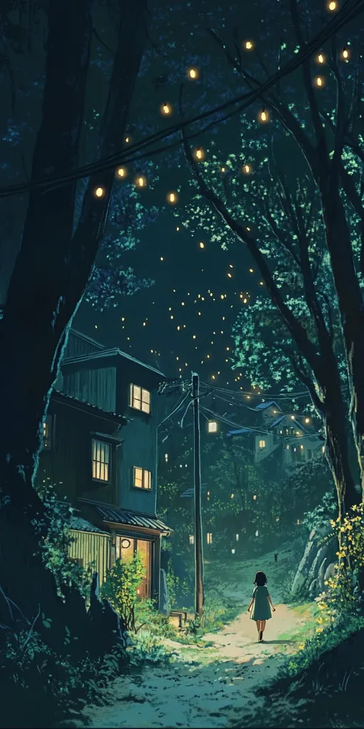 A lone figure walks down a path in a quiet, dimly lit village. String lights illuminate the trees, casting a warm glow on the surrounding houses and the foliage. The air is still and peaceful, with a sense of mystery and tranquility. The scene evokes a sense of quiet contemplation and a feeling of being lost in thought.