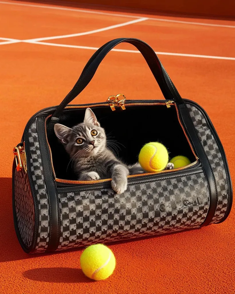 A black and white checkered pet carrier bag sits on an orange tennis court. A grey tabby cat peeks out of the carrier, looking curiously at the camera. Three yellow tennis balls are scattered around the bag, one sitting close to the cat.  The bag appears to be a luxurious travel accessory, suggesting a stylish and comfortable journey for the feline.