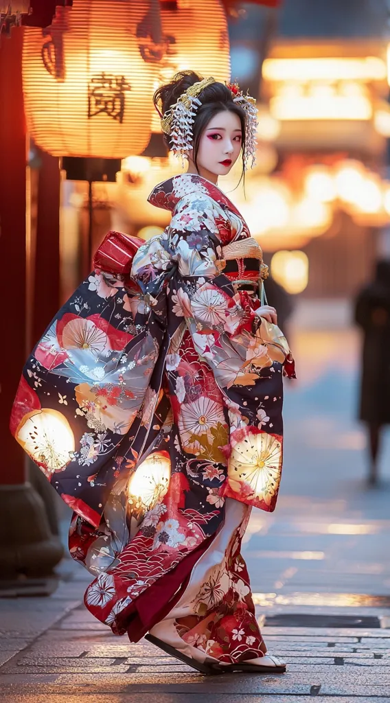 A woman in a traditional Japanese kimono walks down a street lit by lanterns. She is wearing a colorful and intricate kimono with red, black, and gold accents. Her hair is styled in a traditional updo and adorned with flowers. The woman's face is partially obscured by the shadows of the lanterns, but her dark eyes and bright red lips are visible. The background is blurred, with the only sharp focus being the woman and her clothing.  The scene evokes a sense of tradition and beauty.