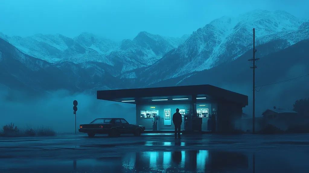 The image depicts a desolate gas station under a dark blue sky. A single figure stands in front of the closed pumps, silhouetted against the neon lights. In the distance, a line of snow-capped mountains stretches across the horizon, disappearing into the misty air. The overall mood is one of solitude and quiet anticipation.