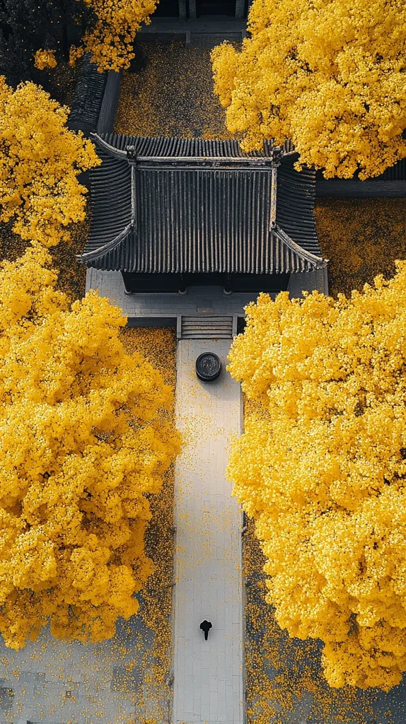 The image shows an aerial view of a traditional Chinese temple nestled amidst a sea of golden leaves. The temple has a dark grey tiled roof and a simple rectangular structure. Two trees with vibrant yellow leaves flank the temple on either side, their branches reaching towards the sky.  A solitary figure walks along a path, adding a sense of quiet contemplation to the scene. Fallen leaves create a golden carpet beneath the trees, adding to the beauty of the autumnal landscape.  The image captures a serene and peaceful moment in nature, highlighting the harmony between human architecture and the natural world.