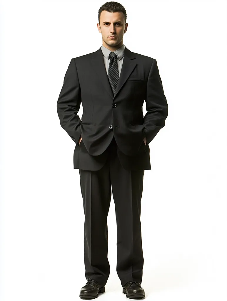 A man in a black suit and a gray shirt with a black and white striped tie stands against a white background. His hands are in his pockets. He looks directly at the camera with a serious expression. He is wearing black shoes.  He is standing in a relaxed but professional pose.