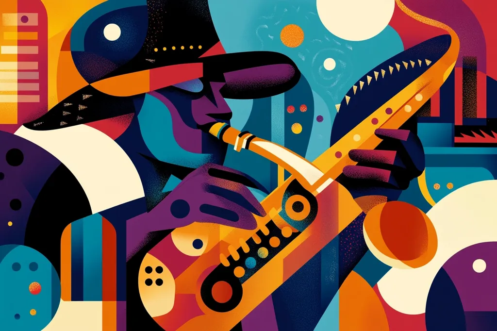 The image is a vibrant and abstract illustration of a jazz musician playing a saxophone. The artwork features bold geometric shapes, contrasting colors, and a sense of movement. The musician's face is partially obscured by a large hat, emphasizing the instrument and the flow of music. The background is a mix of bright and dark colors, adding to the overall energy and dynamism of the piece. The artwork captures the essence of jazz music with its improvisational spirit and raw energy.