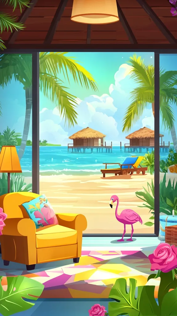 A tropical-themed room with a large window overlooking a beach scene. Two overwater bungalows with thatched roofs stand on stilts in the turquoise water, while palm trees sway in the breeze. A yellow armchair sits on a colorful rug, and a pink flamingo stands in the foreground. The scene is bright and cheerful, evoking a sense of relaxation and escape.