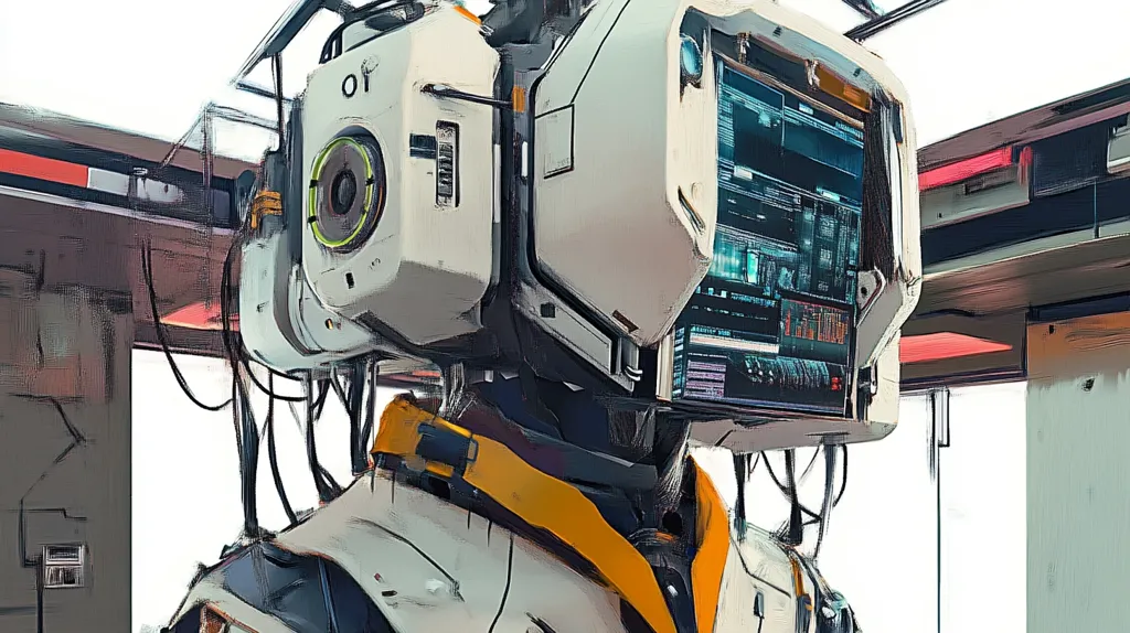 The image shows a close-up of a futuristic robot, its head composed of a large, white, boxy structure. The robot's head features a large, digital display screen with a user interface, as well as a smaller, round, camera-like device. The robot is partially obscured by wires and cables, hinting at its complex internal workings. The background shows a blurry glimpse of a metallic structure, possibly a futuristic cityscape. The overall tone of the image is both sleek and intriguing, suggesting a world of advanced technology and artificial intelligence.