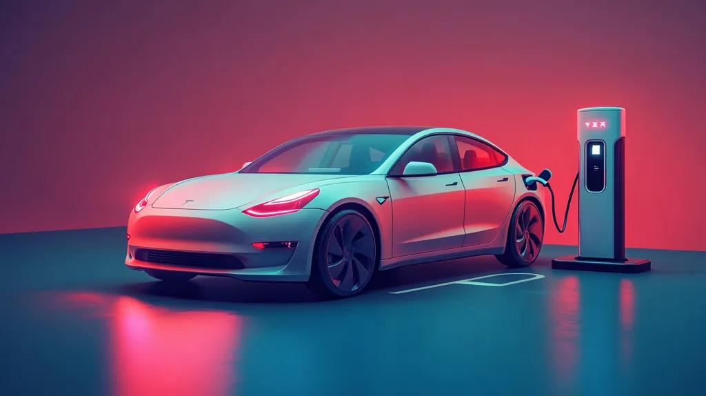 A white Tesla Model 3 is parked in a charging station. The car is facing the left side of the image and is plugged into the charging station. The charging station is a silver pillar with a black screen. There is a red and blue light illuminating the scene. The car is surrounded by a blue surface, suggesting a garage or a parking lot.